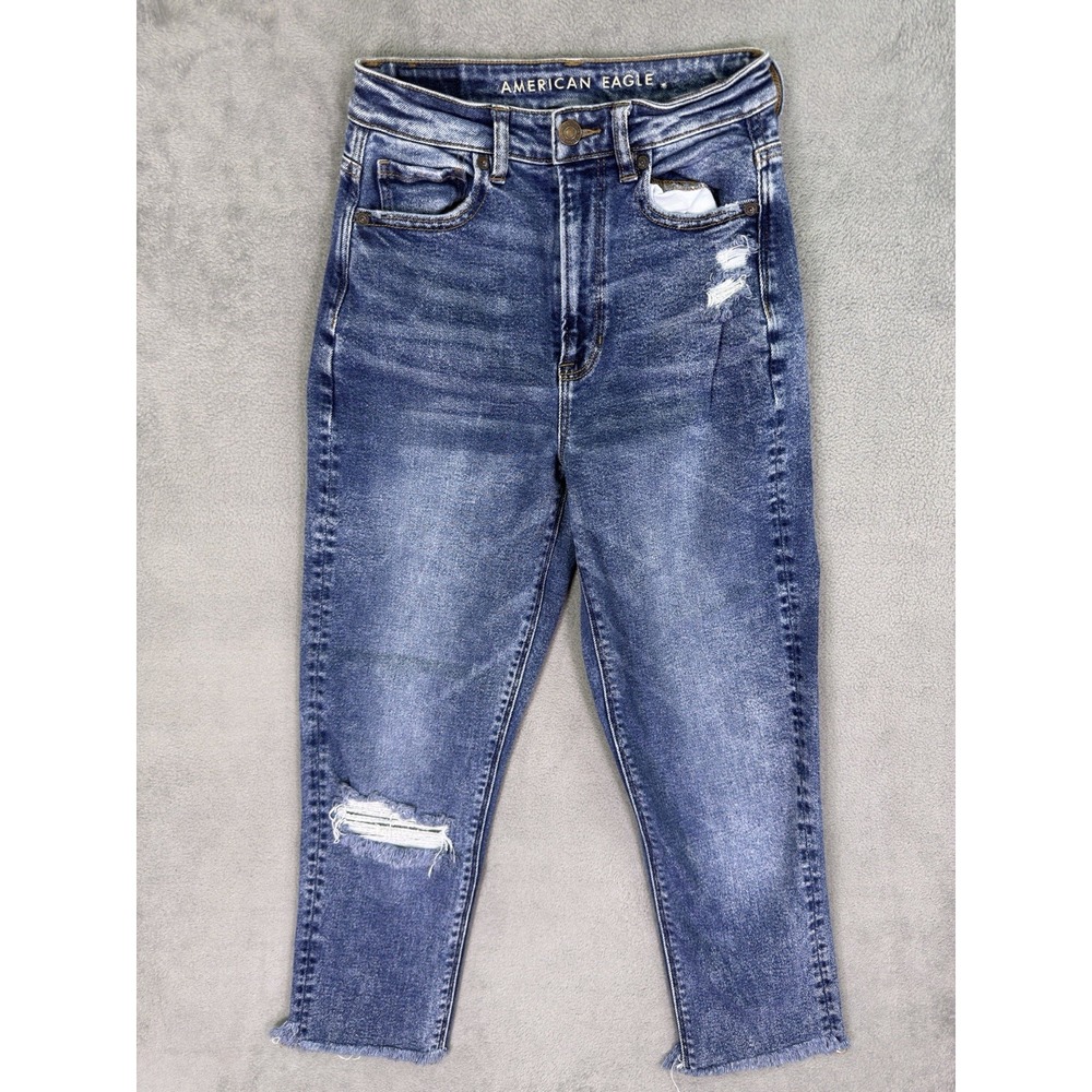 American Eagle Jeans Womens 0 Blue Mom Crop Medium Wash Highest Rise Fringe